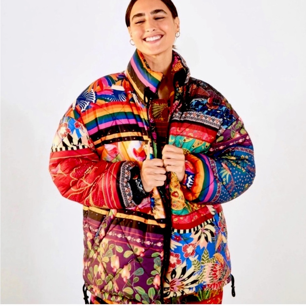 Farm Rio Abby Mixed Scarves Reversible Printed Puffer Jacket